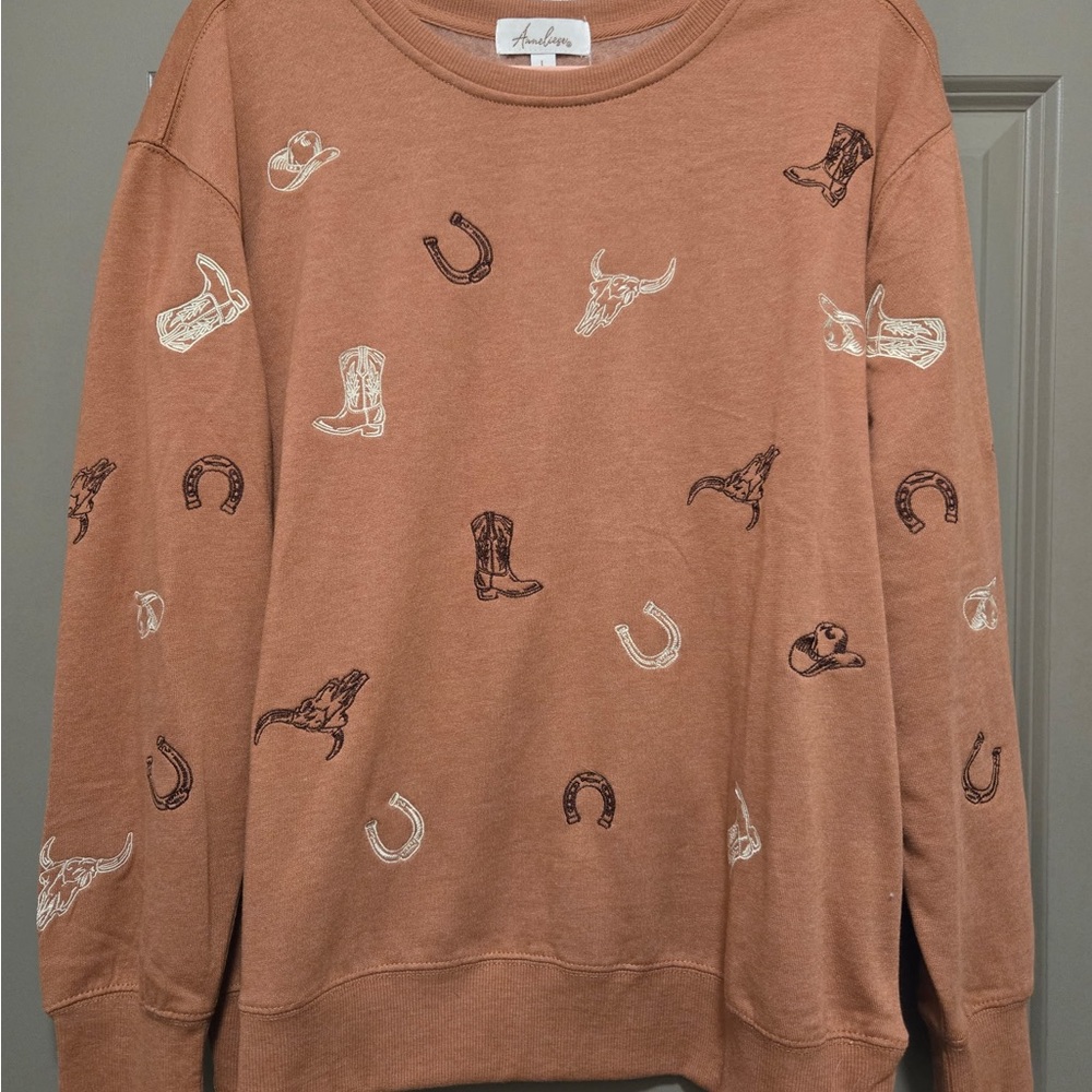 Embroidered Western Motif Crewneck Sweatshirt - Rust